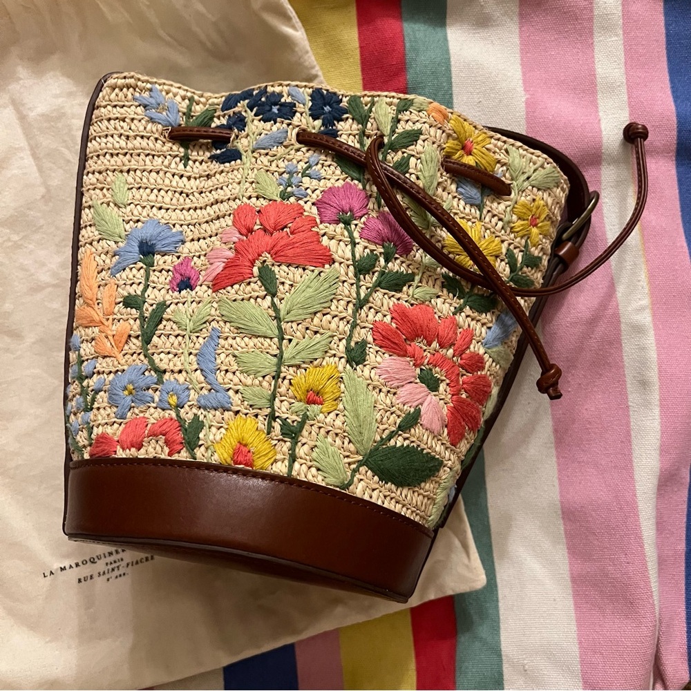 Sezane Mini Farrow Bucket Bag in Embroidered Floral Raffia Leather Multicolor